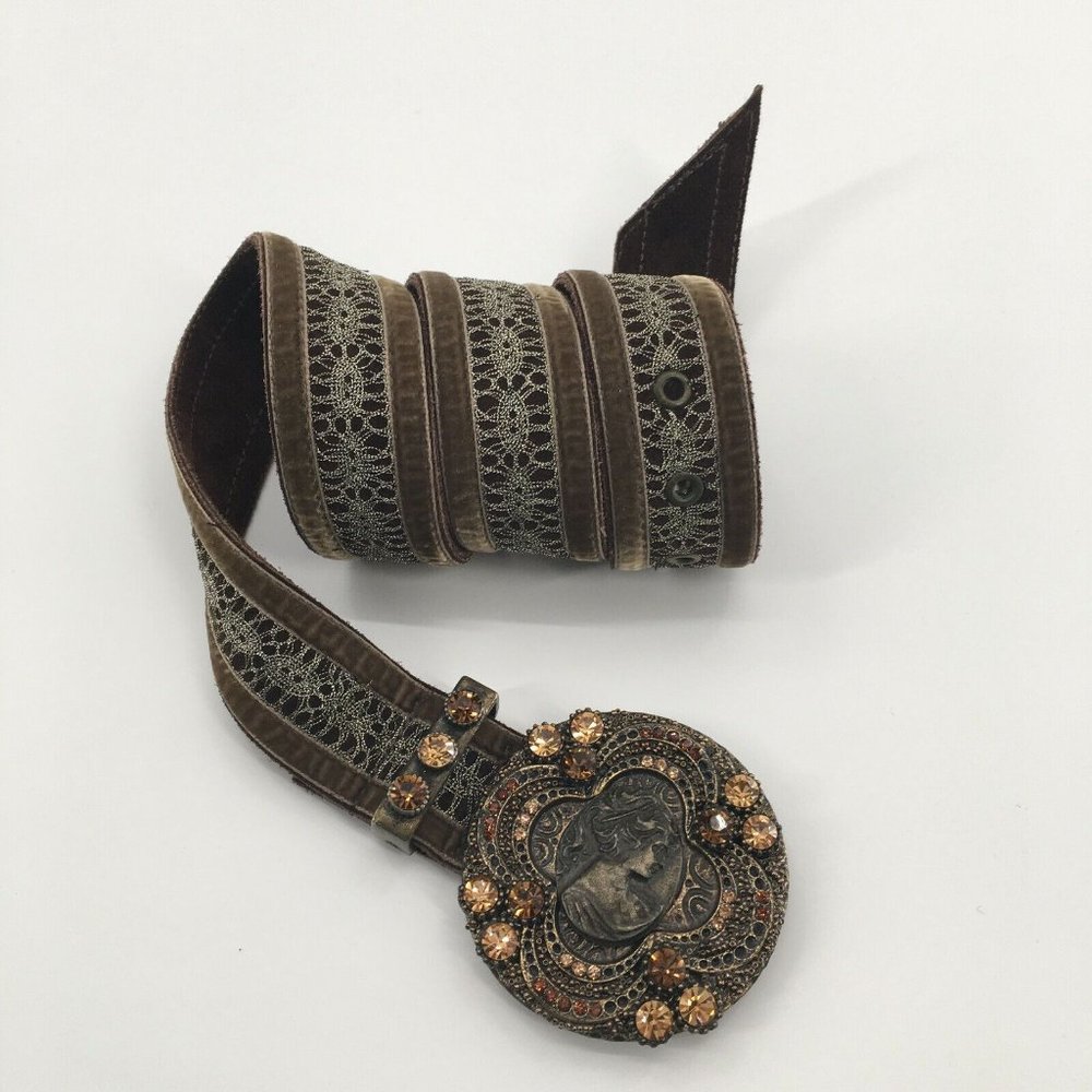 Leatherock Cameo Jewelry Buckle Suede Leather Belt Olive Green Brown Sz: L (36)